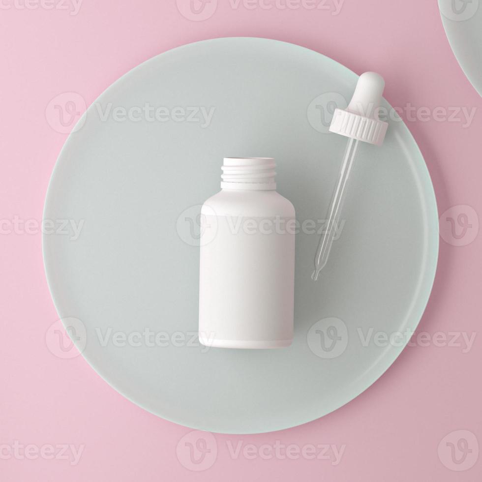 design minimaliste moderne rose propre. flacon compte-gouttes cosmétique pour liquide, crème, gel, lotion. paquet de produits de beauté, modèle vierge de pot en plastique blanc. illustration 3D. photo