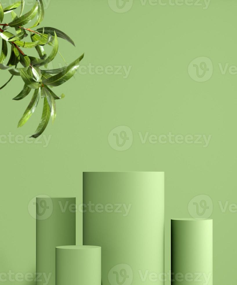 podium vitrine pour produit cosmétique naturel. scène vide avec des feuilles vertes sur fond monochrome. rendu 3D photo