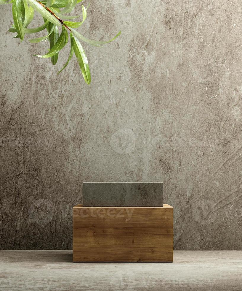 socle pour la présentation de produits cosmétiques naturels. podium en bois avec des feuilles de plantes. illustration 3D. photo