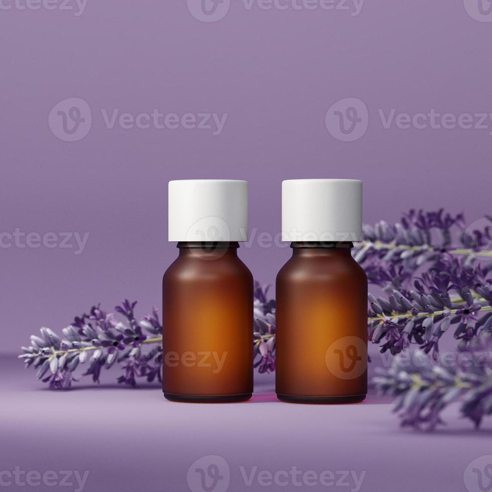 maquette de bouteille d'huile essentielle. à la fleur de lavande. fond violet lilas. concept de soins du corps et d'aromathérapie. illustration 3D. photo