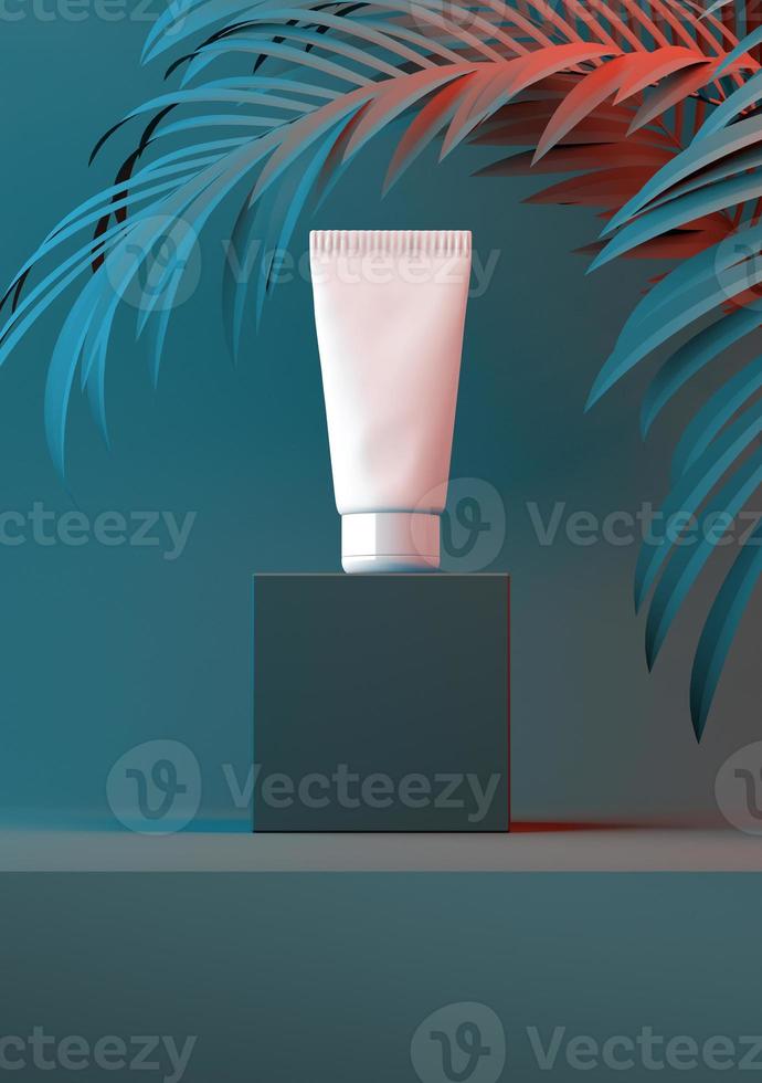 crème cosmétique naturelle, sérum, emballage de bouteille vierge de soins de la peau avec des feuilles d'herbe. produit bio bio. placement de produit de contenu. illustration 3D photo