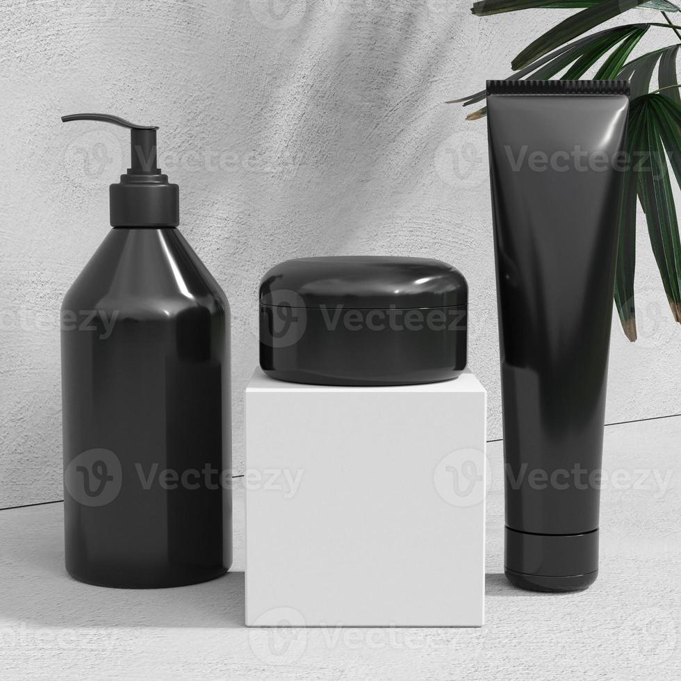 design noir de crème cosmétique naturelle, sérum, emballage de bouteille vierge de soins de la peau avec des feuilles d'herbe, produit bio bio. concept de beauté et de spa. illustration 3D photo