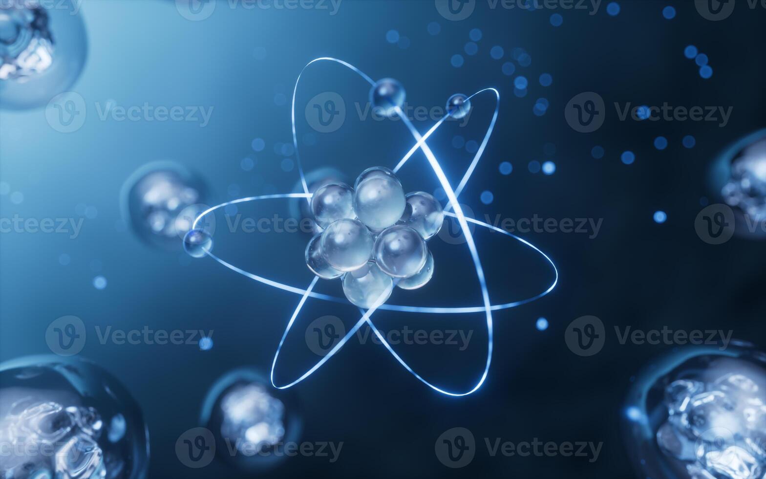 la physique atome avec foncé bleu arrière-plan, 3d le rendu. photo