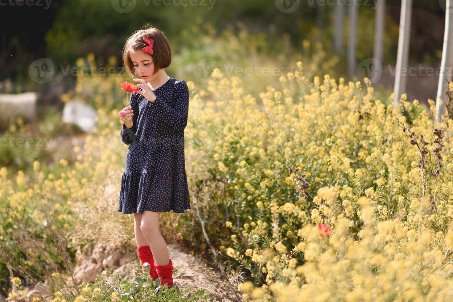 petite fille marchant dans le champ de la nature vêtue d'une belle robe photo