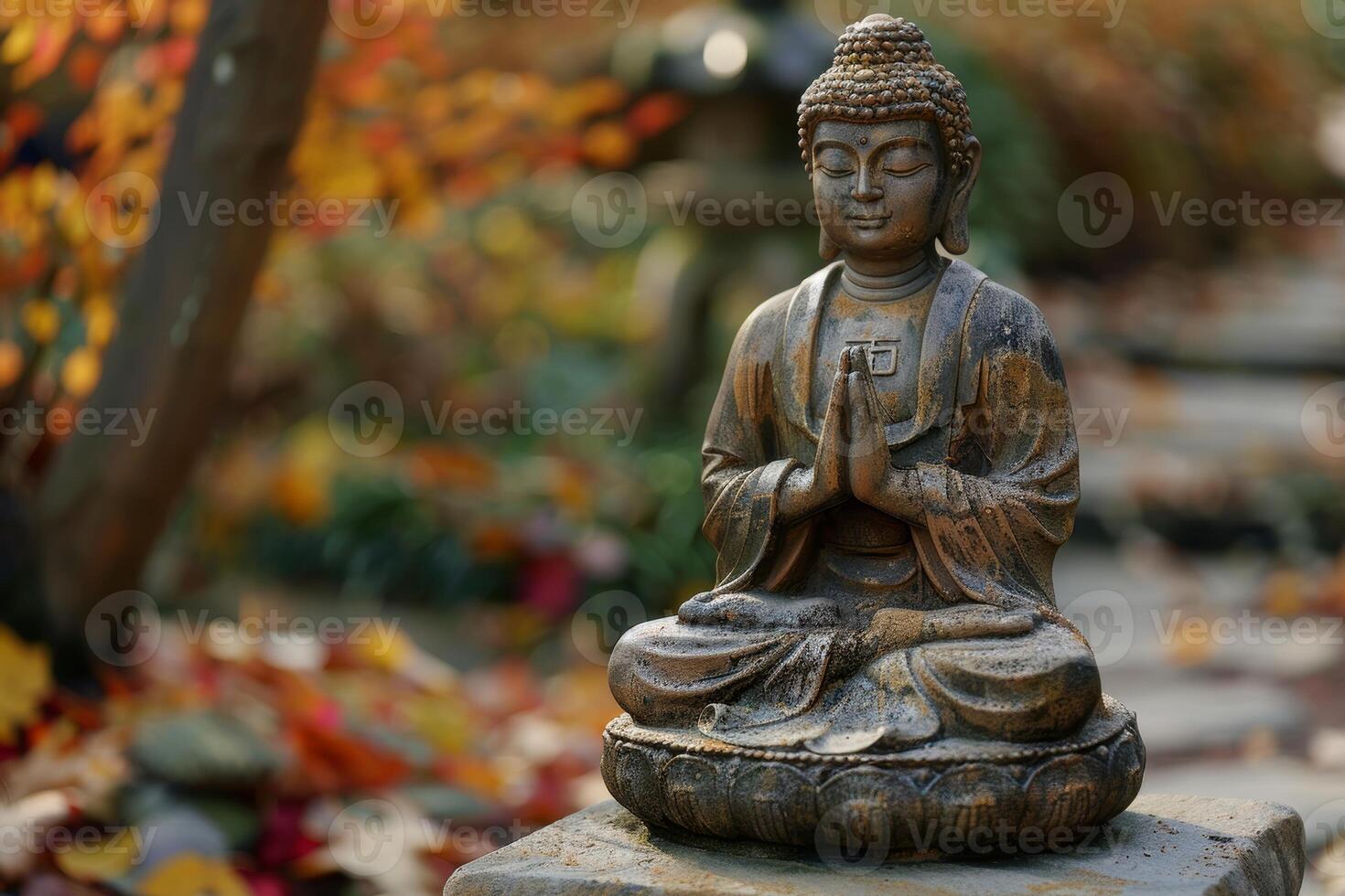 Bouddha statue méditer dans l'automne jardin avec coloré feuillage Contexte. concept de paix, Zen, et spiritualité photo