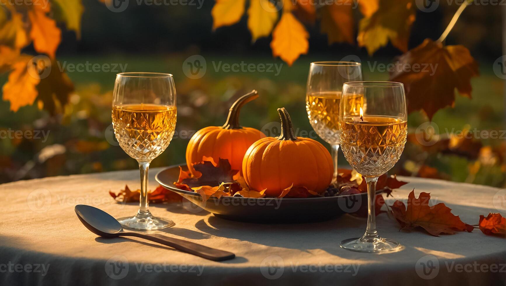 des lunettes de vin, l'automne feuilles sur le table dans nature, citrouilles photo