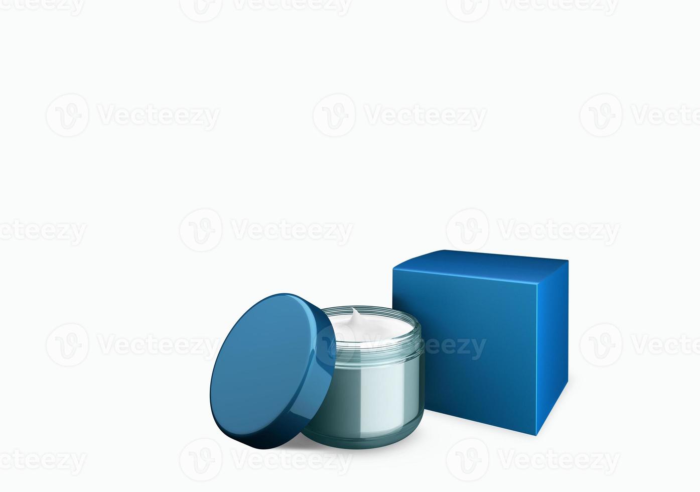 Pot cosmétique de ciel bleu blanc mock up sur fond blanc avec de la crème de frottis dans l'angle de vue de face, illustration 3d photo