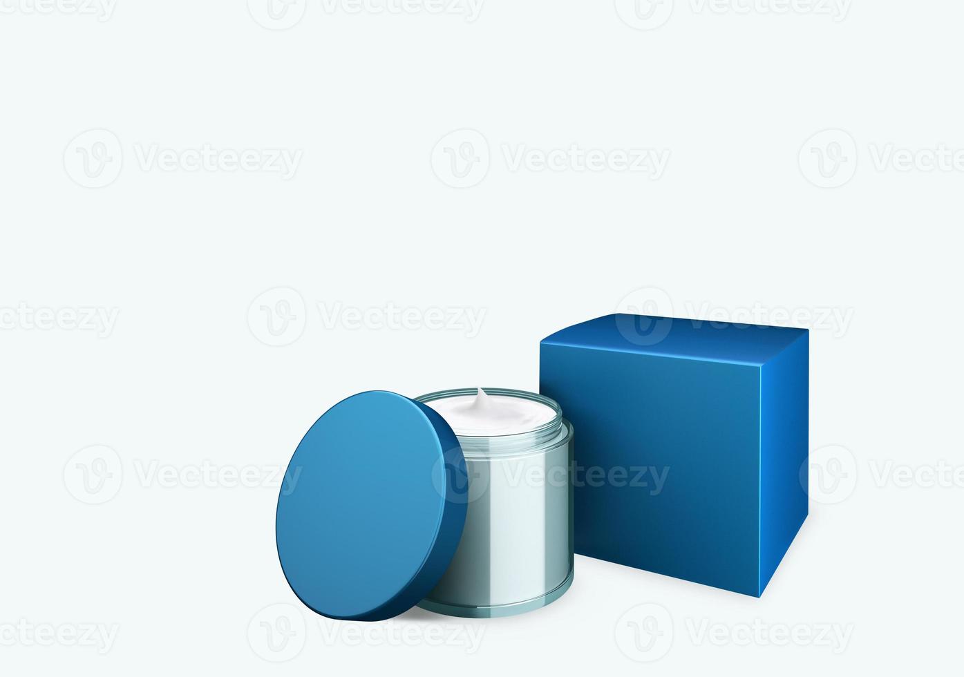 Pot cosmétique de ciel bleu blanc mock up sur fond blanc avec de la crème de frottis dans l'angle de vue de face, illustration 3d photo
