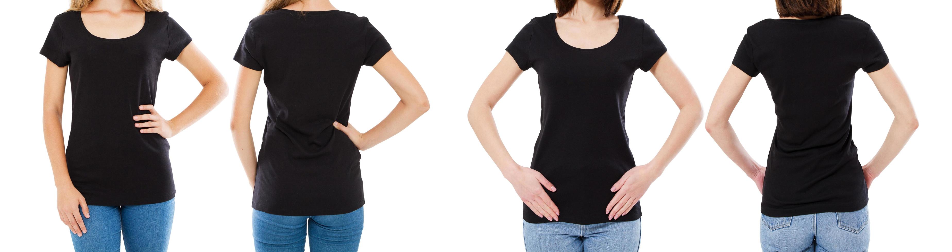 deux femme en t-shirt noir image recadrée vue avant et arrière, ensemble de t-shirts, t-shirt de maquette vierge photo