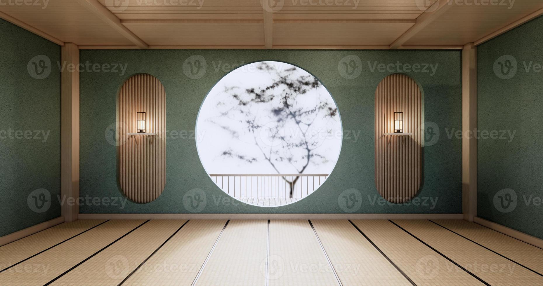 conception de mur d'étagère de cercle, conception japonaise de pièce vide de menthe, sol de tapis de tatami. rendu 3D photo