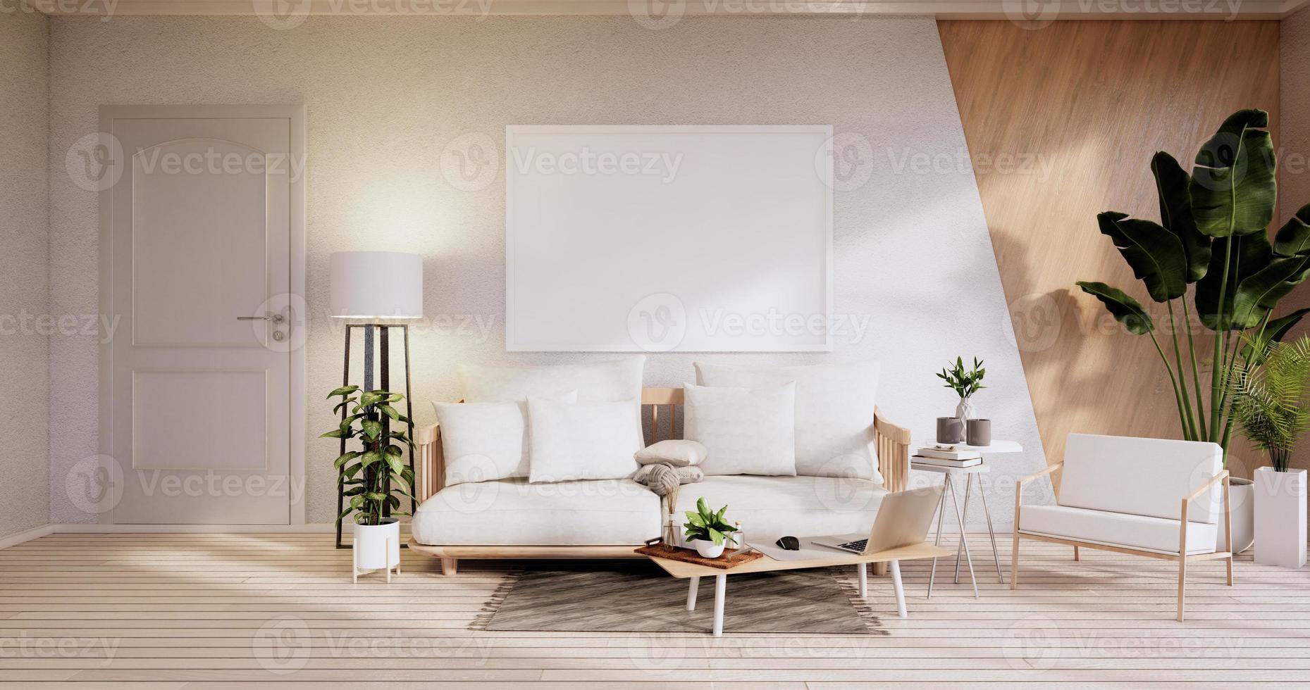 intérieur minimaliste, meubles de canapé et plantes, design de chambre moderne. rendu 3d photo