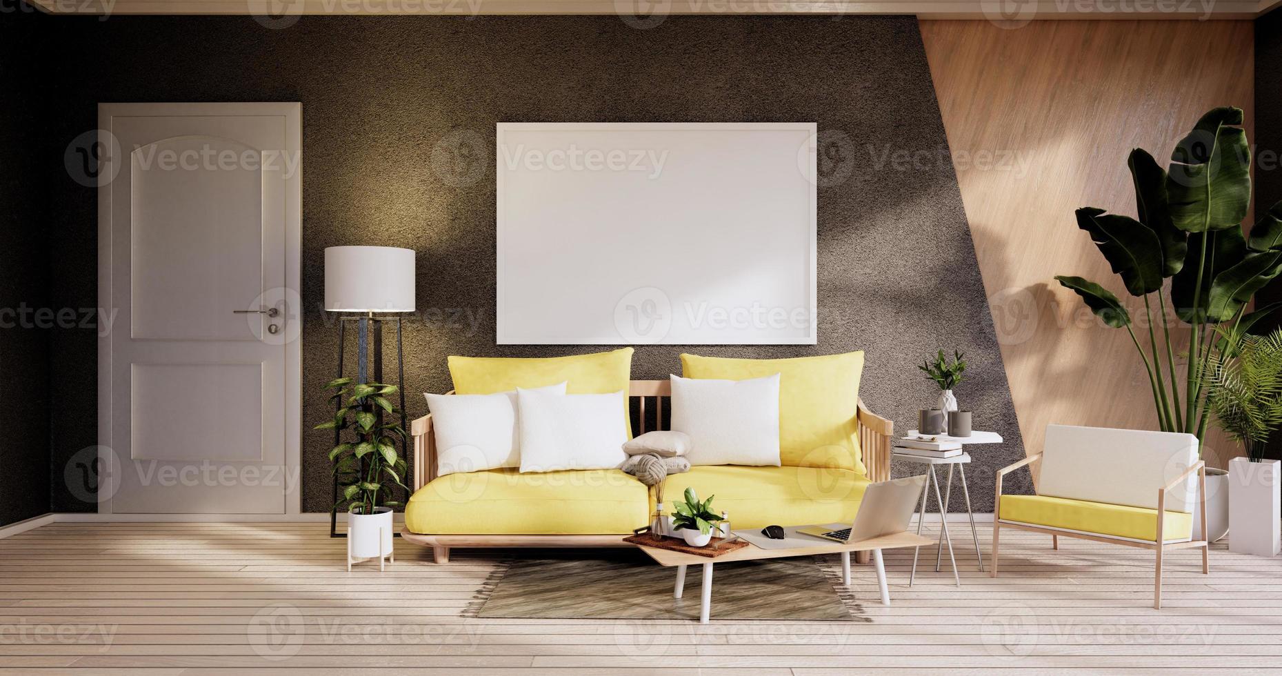 intérieur minimaliste, meubles de canapé et plantes, design de chambre noire moderne. rendu 3d photo