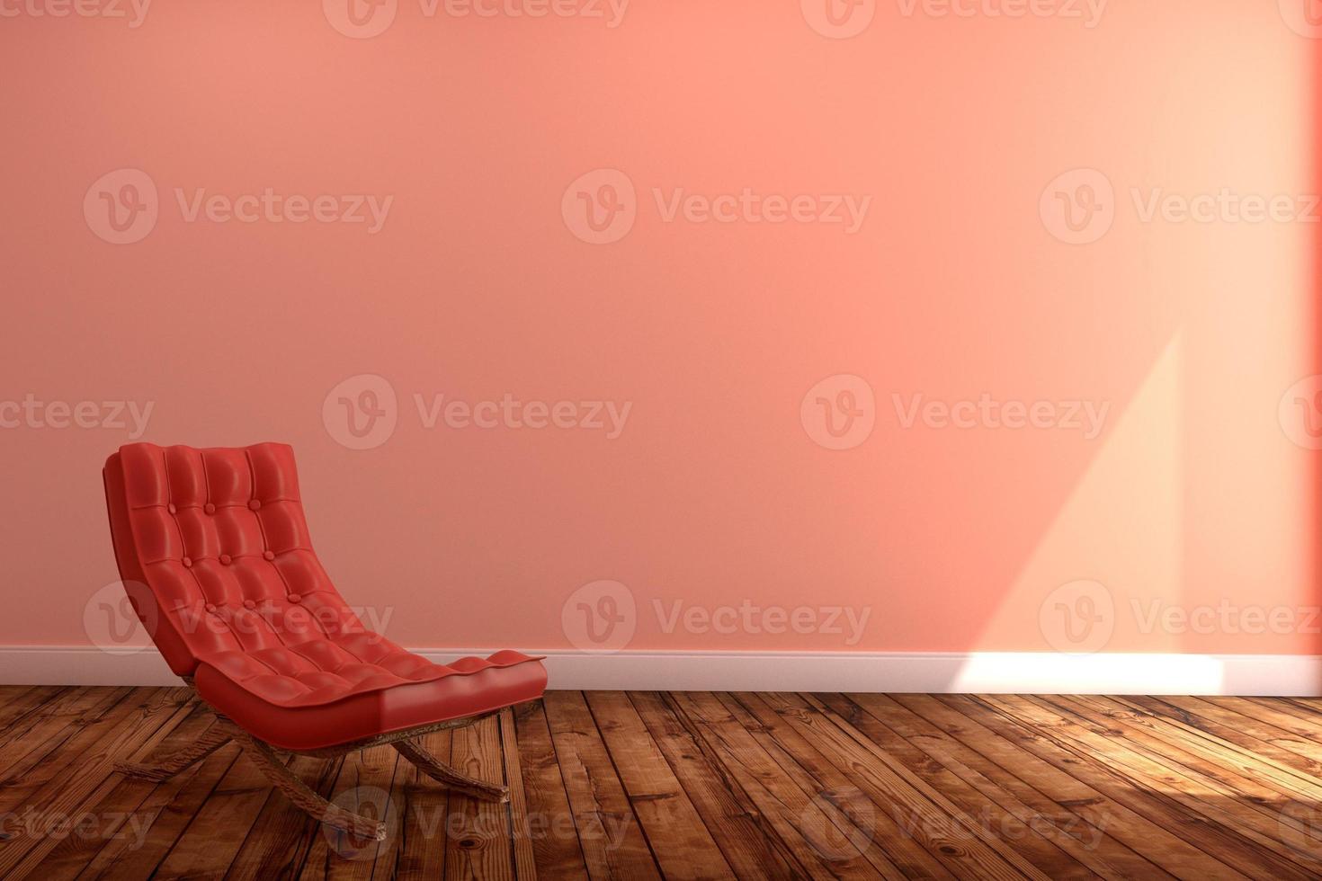 intérieur du salon avec canapé rouge, parquet sur fond de mur rose vide. rendu 3D photo