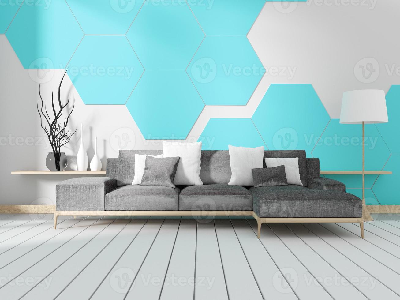 chambre avec canapé et mur de carreaux hexagonaux blancs. rendu 3D photo