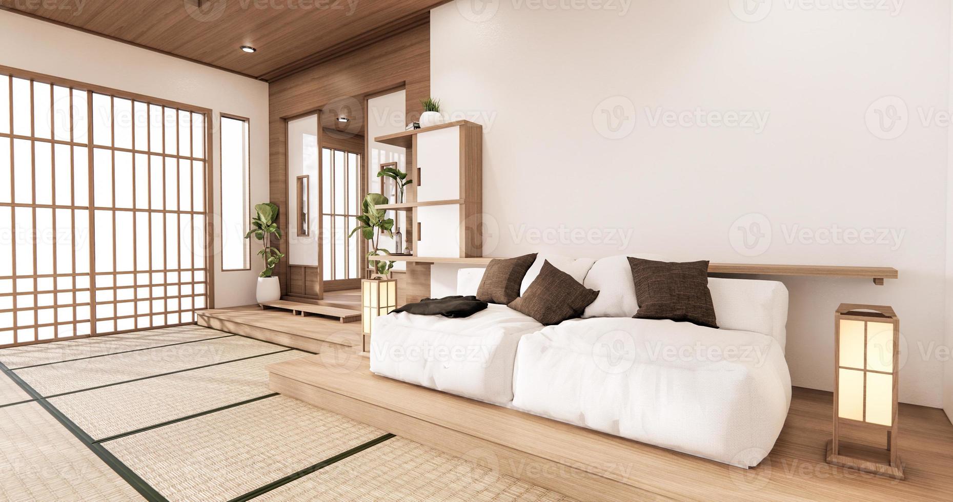 canapé blanc japonais sur la chambre japon tropical desing et tatami tapis floor.3d rendu photo