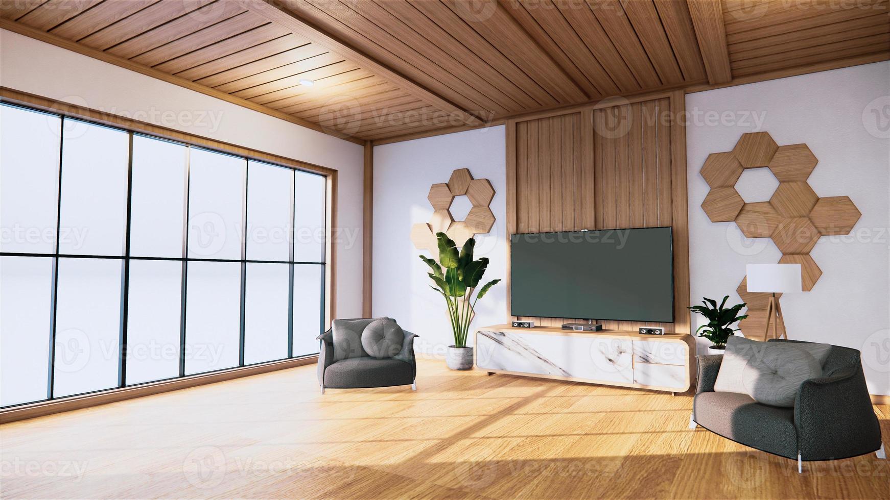 armoire design granit et bois dans une pièce vide moderne et mur blanc sur un sol blanc de style tropical. rendu 3D photo
