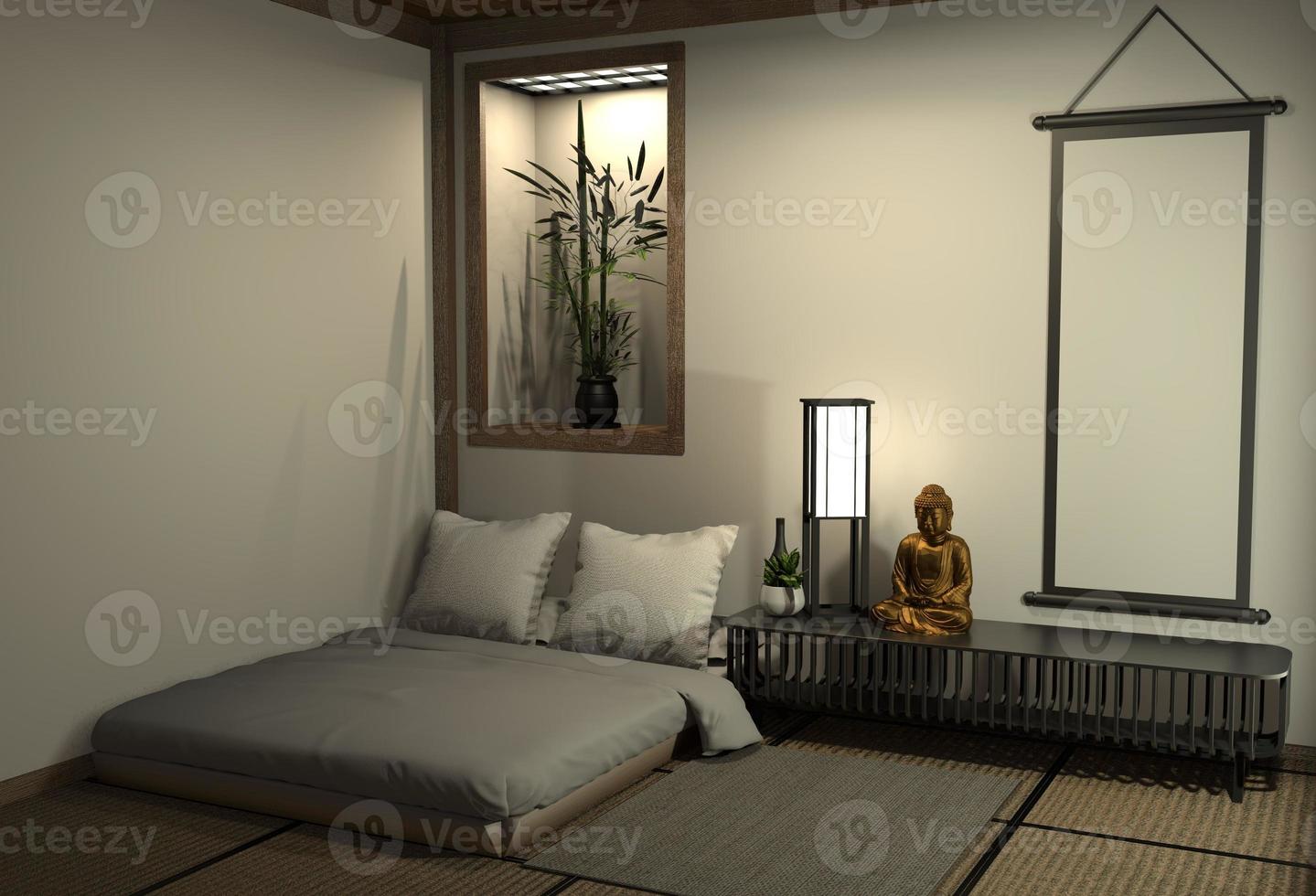 chambre à coucher moderne et paisible. chambre de style zen et décoration de style japonais, chambre de style japonais.rendu 3d photo