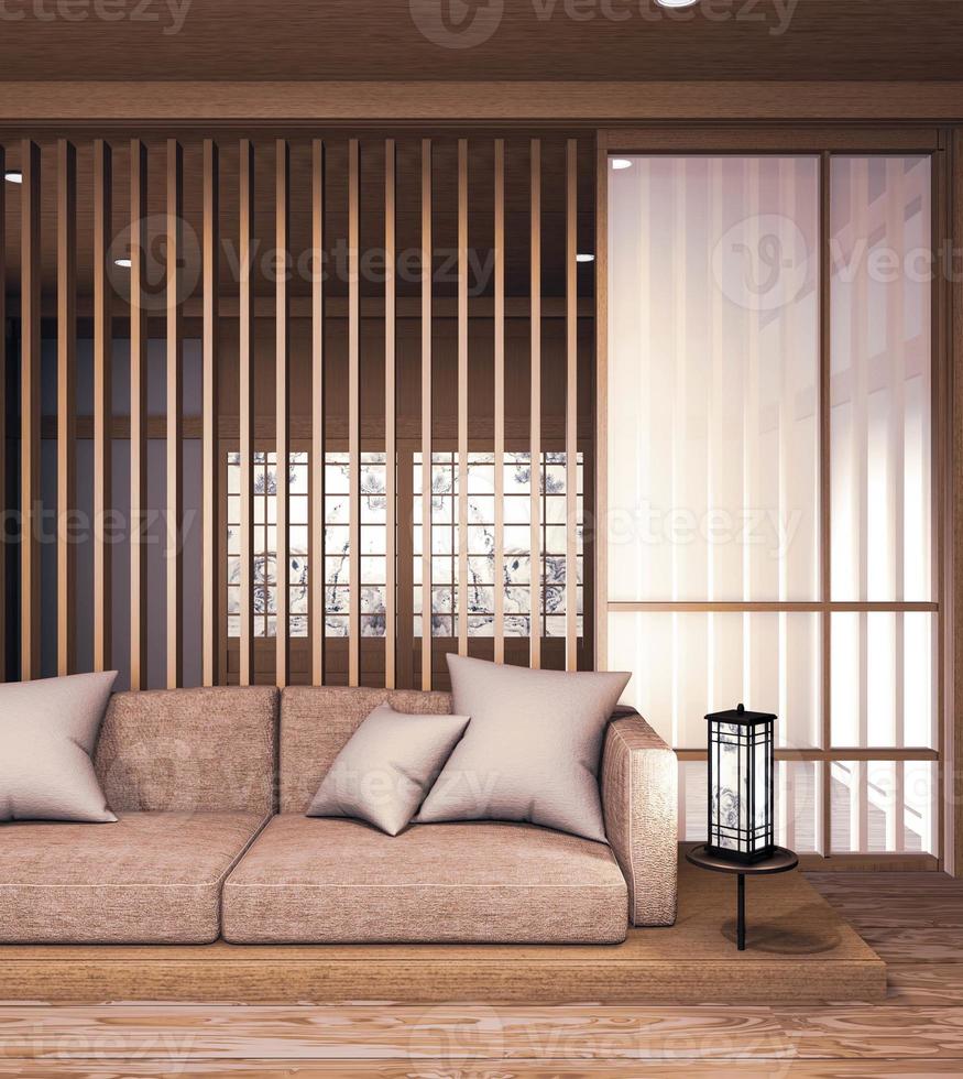 canapé design japonais en bois, dans la chambre parquet en bois japonais et lampe de décoration et vase de plantes.rendu 3d photo