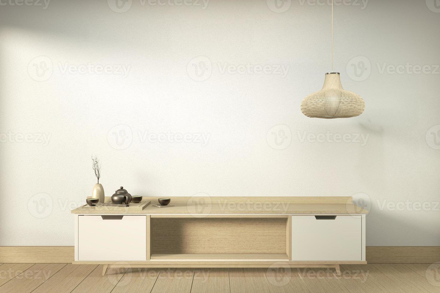meuble de télévision dans une pièce vide moderne japonaise - style zen, designs minimaux. rendu 3D photo