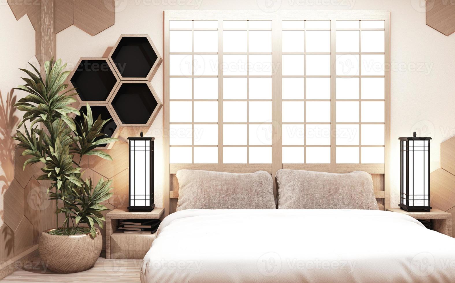 étagère hexagonale de style en bois sur le mur de la chambre à coucher de style japonais avec des plantes et une décoration de lampe sur un sol en bois.3d rednering photo