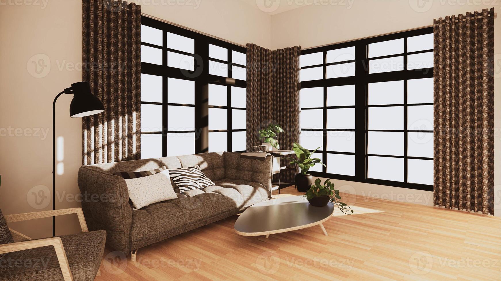 salon de style moderne avec mur blanc sur parquet et fauteuil canapé sur tapis. rendu 3D photo