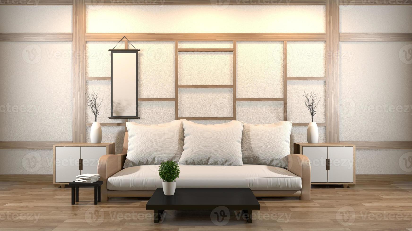 design d'intérieur salon zen avec table basse, oreiller, cadre, lampe sur parquet. rendu 3d photo