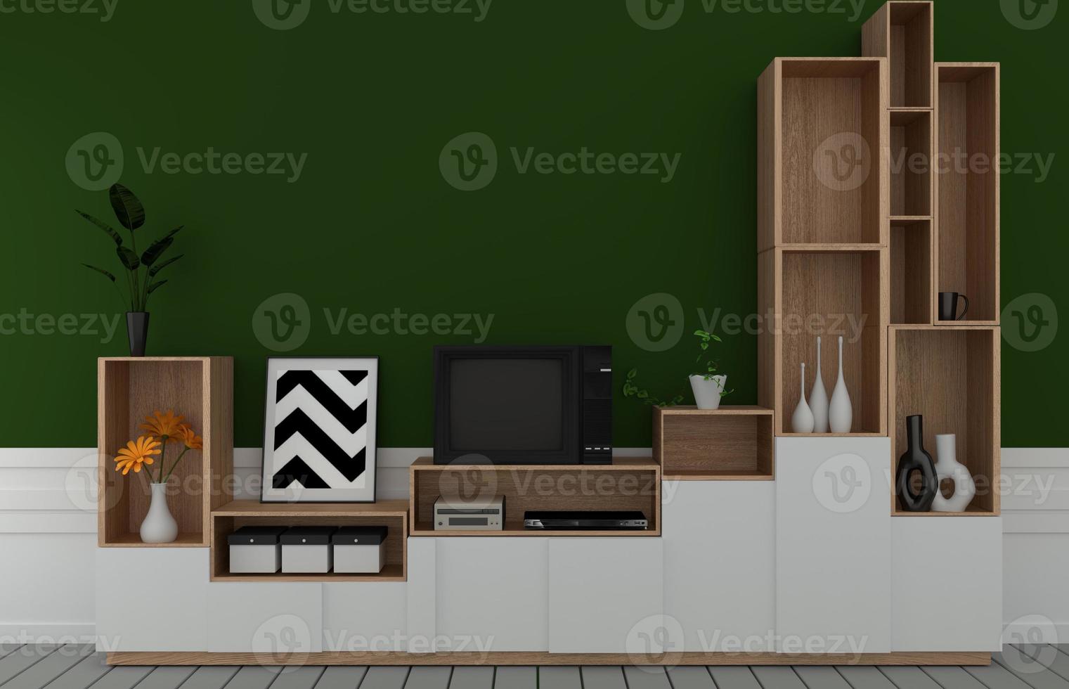 tv sur meuble dans une pièce vide moderne, mur vert foncé sur parquet, rendu 3d photo