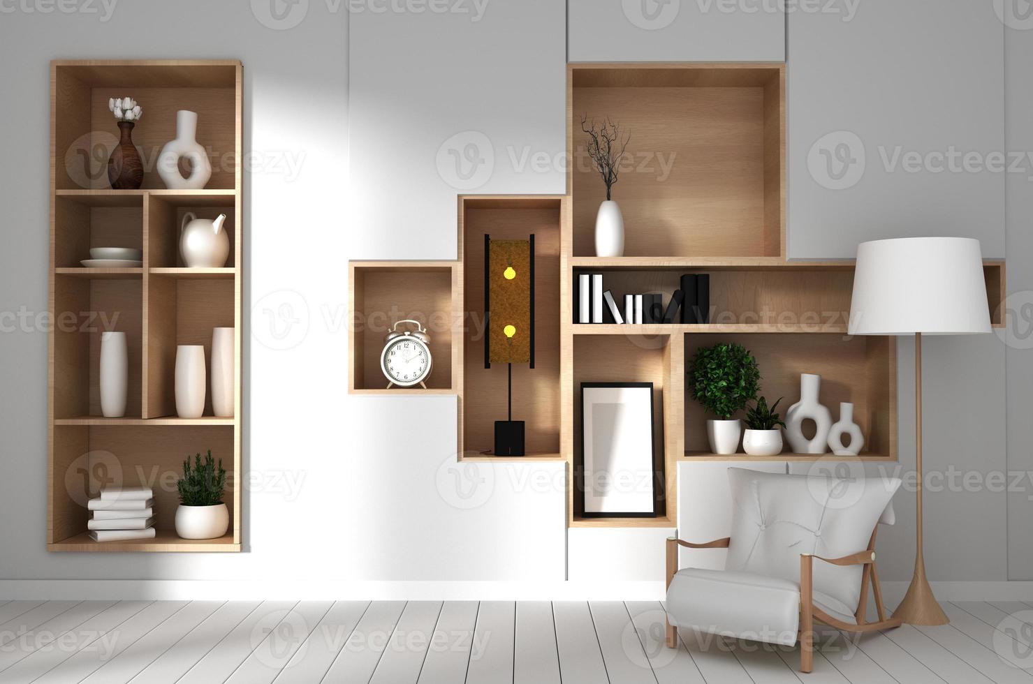 design d'intérieur de chambre blanche au japon, salon blanc. illustration 3d, rendu 3d photo