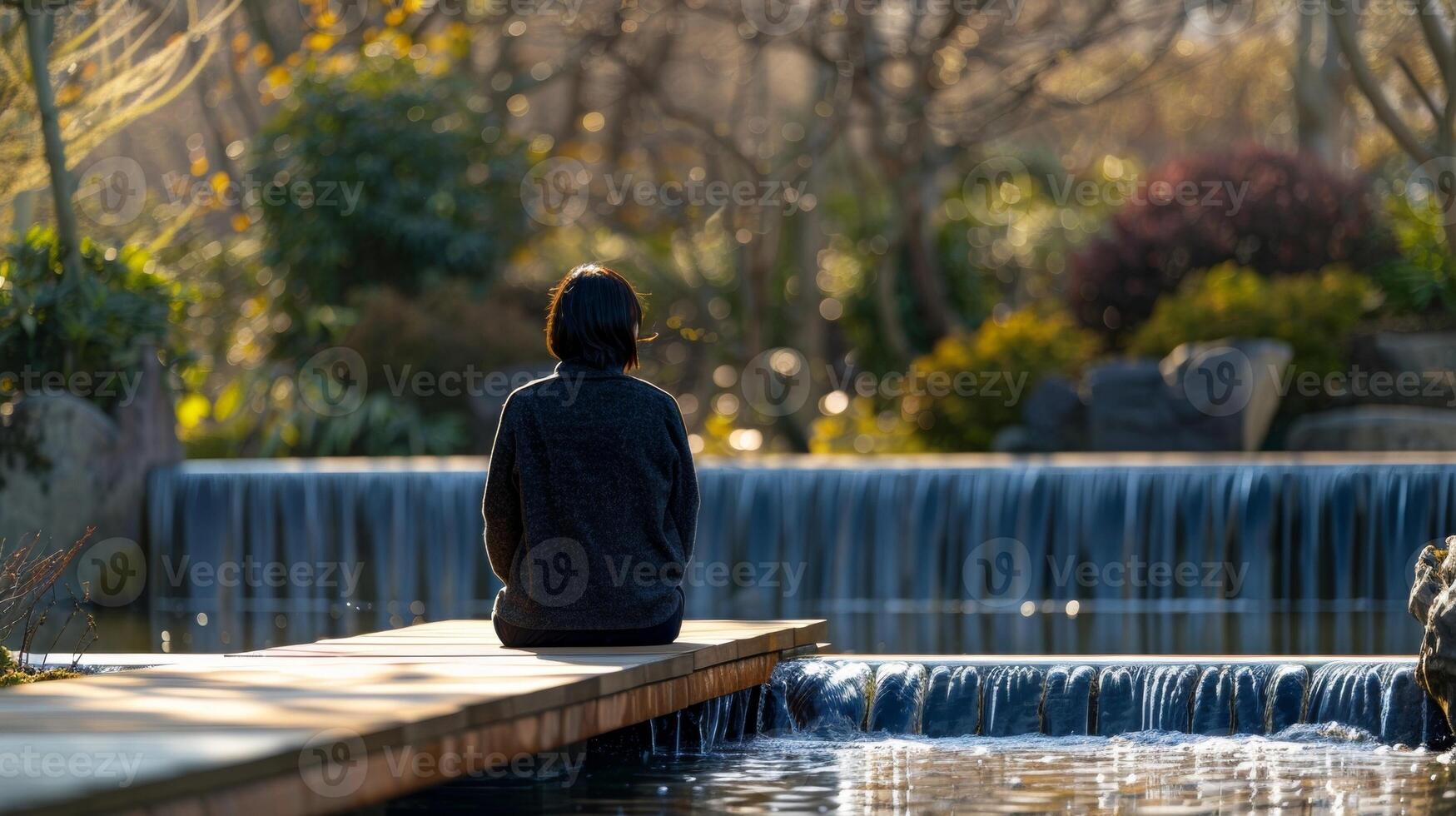 une la personne est assis seul sur une en bois banc regarder à une tranquille l'eau fonctionnalité et tournant retour à le à l'extérieur monde dans silencieux . photo