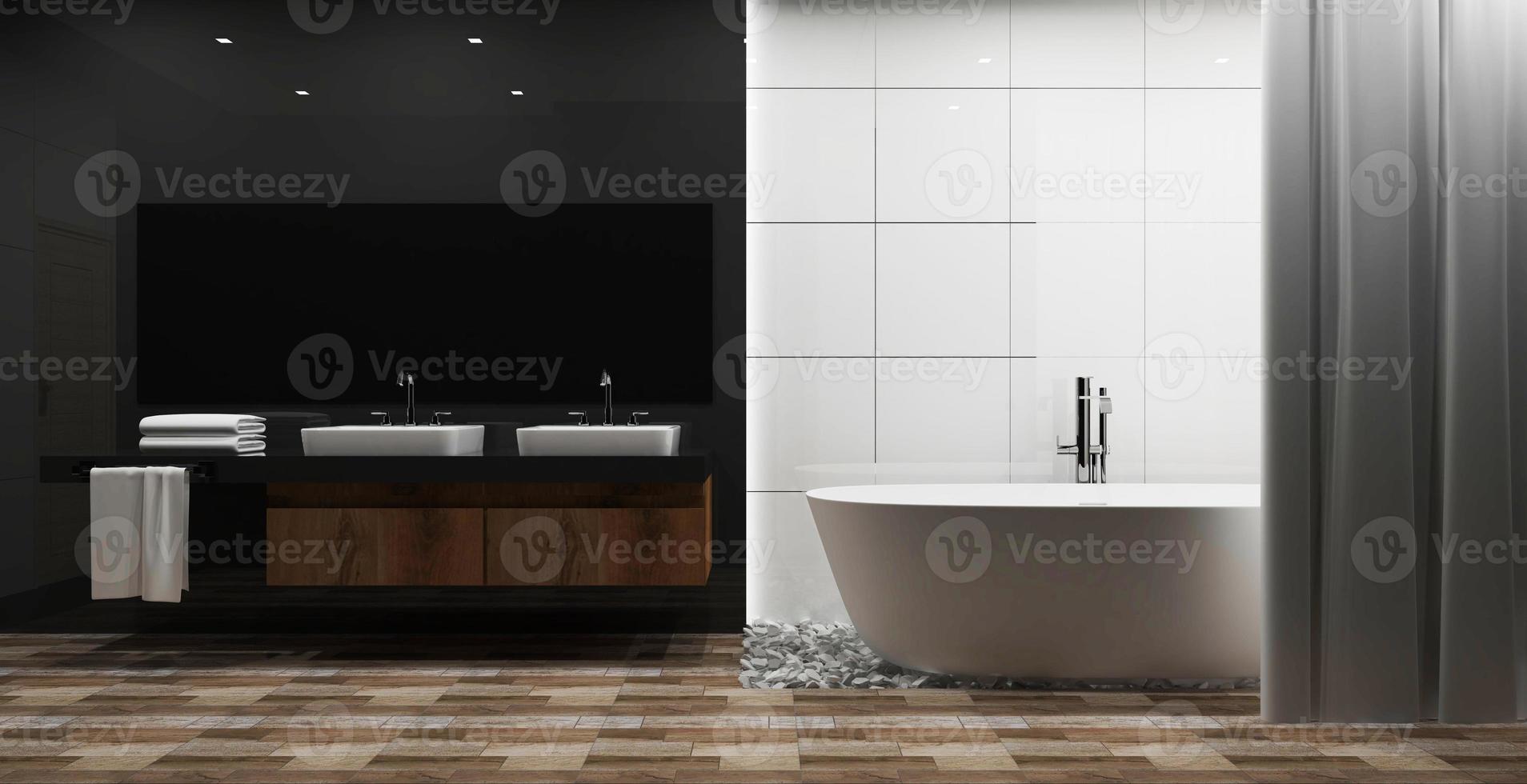 Carrelage blanc et intérieur de salle de bain mural brillant gris avec baignoire blanche, muck up. rendu 3D photo