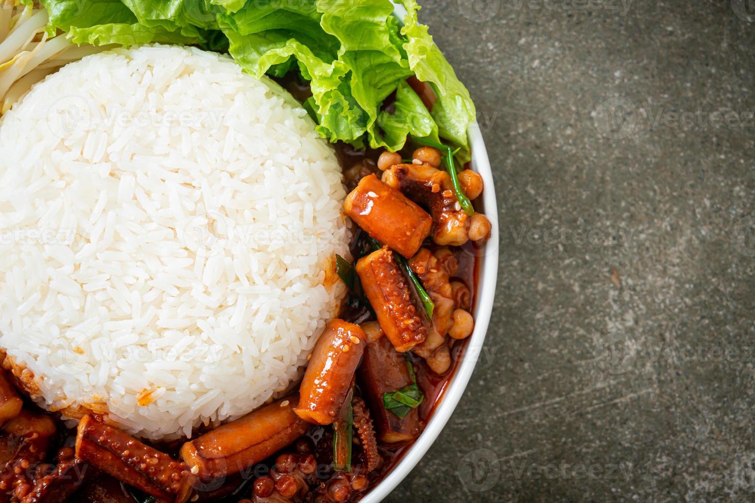 calamars ou poulpes sautés avec bol de riz sauce coréenne épicée photo