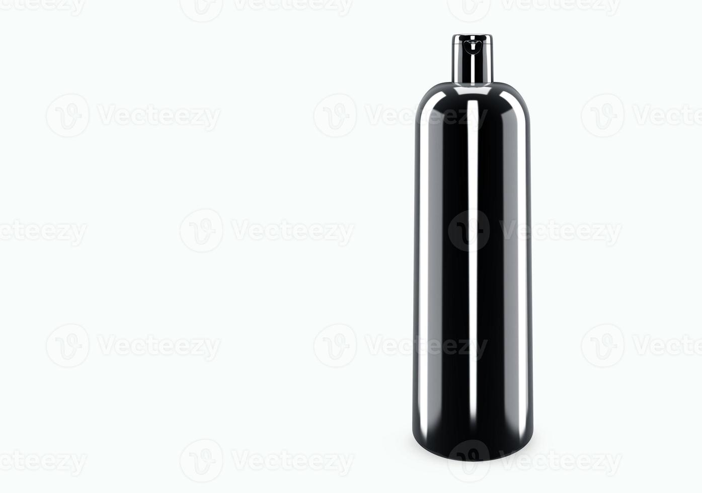 Maquette de shampoing en plastique noir brillant isolé de la conception de l'emballage de shampoing en plastique de fond. modèle vierge d'hygiène, de soins médicaux, corporels ou faciaux. illustration 3D photo