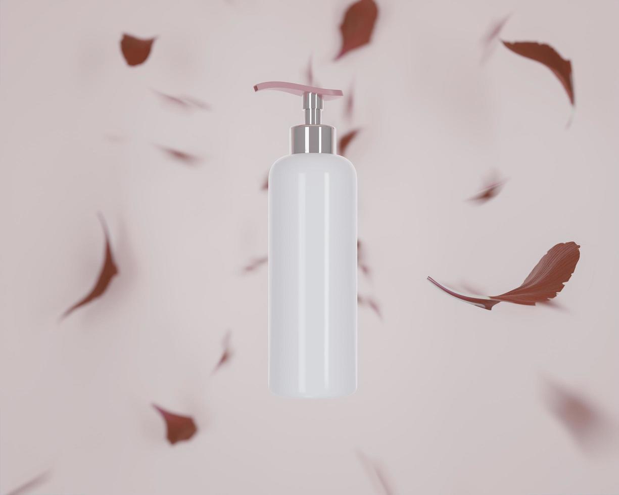 bouteille de crème ou pompe à parfum placée sur fond rose et pétales de fleurs, style 3d photo
