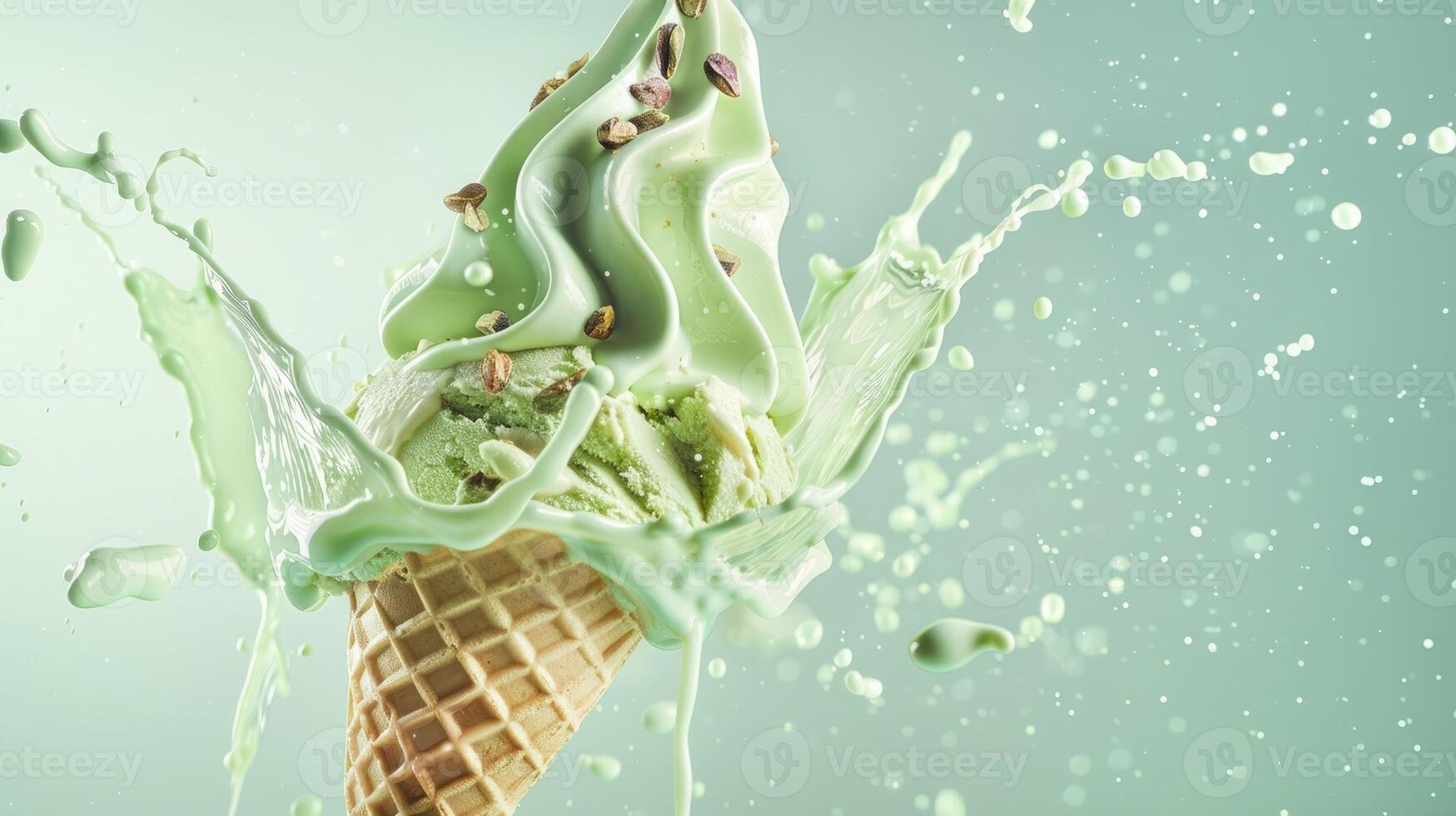 la glace crème cône avec pistache et fouetté crème éclaboussure, vide pastel Contexte photo