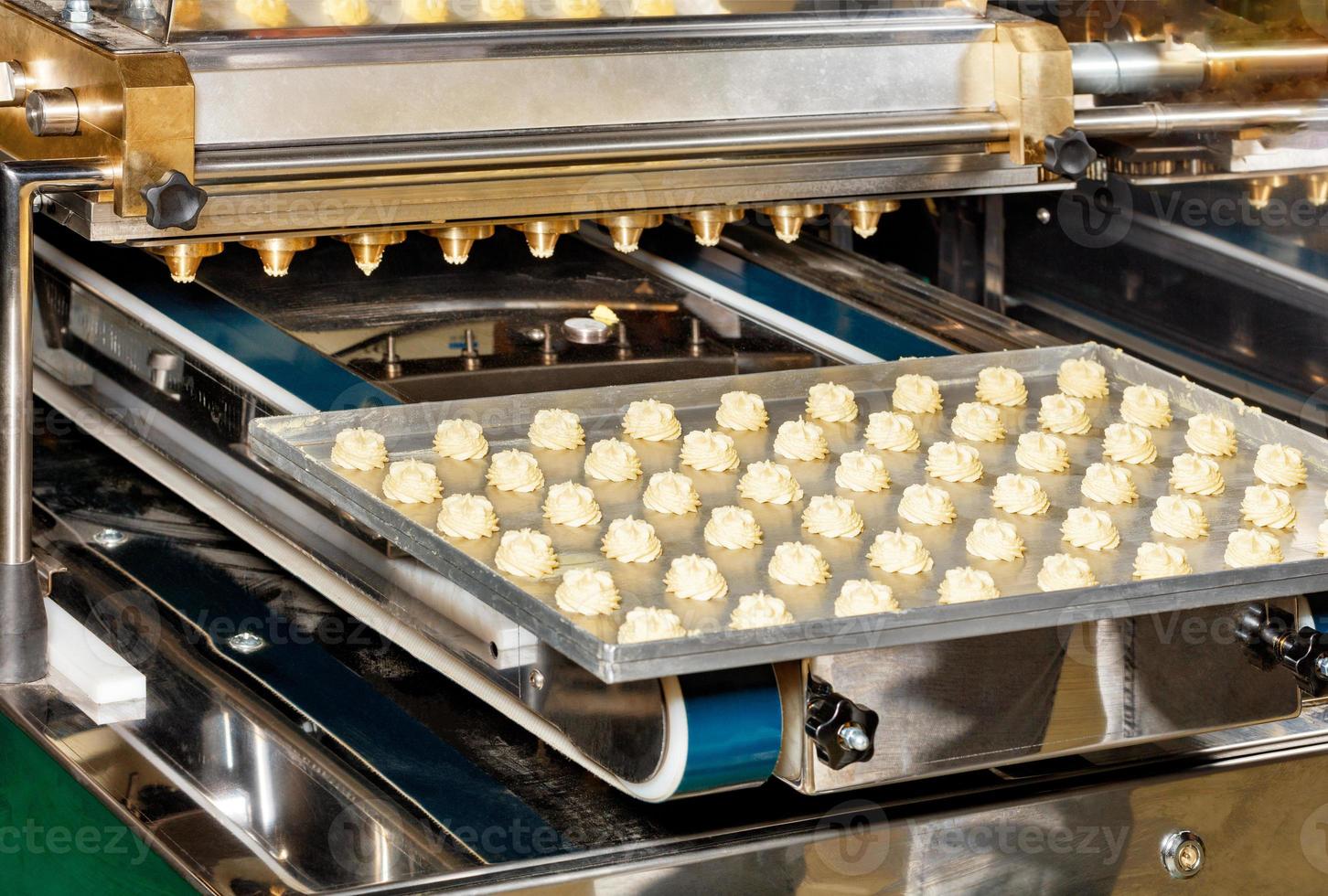 fragment d'une ligne de convoyage utilisée dans l'industrie alimentaire pour la préparation de biscuits à la crème. photo