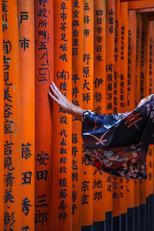 Kyoto, Japon 2016 - femme en kimono, passerelle au sanctuaire fushimi inari photo