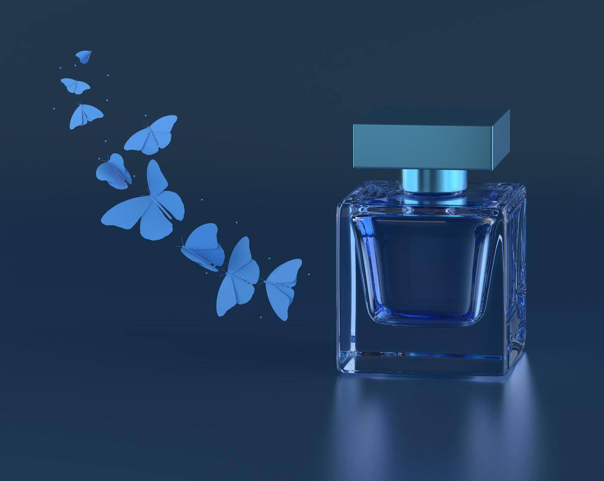 impression vectorielle de parfum. bouteille bleue haute couture, illustration élégante de beauté. liquide aromatique. parfum cosmétique photo