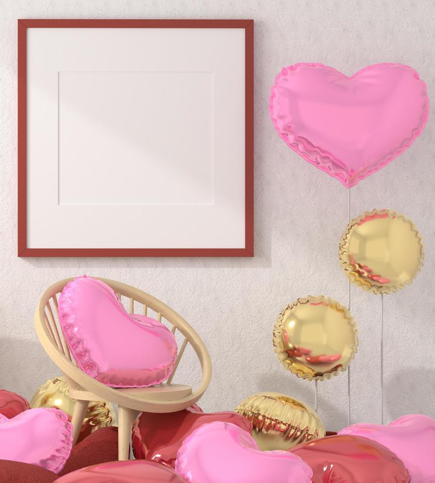 maquette du cadre de l'affiche dans le concept de la Saint-Valentin au sol en bois intérieur moderne derrière la chaise dans le salon avec ballon en forme d'amour isolé sur fond clair, rendu 3d, illustration 3d photo