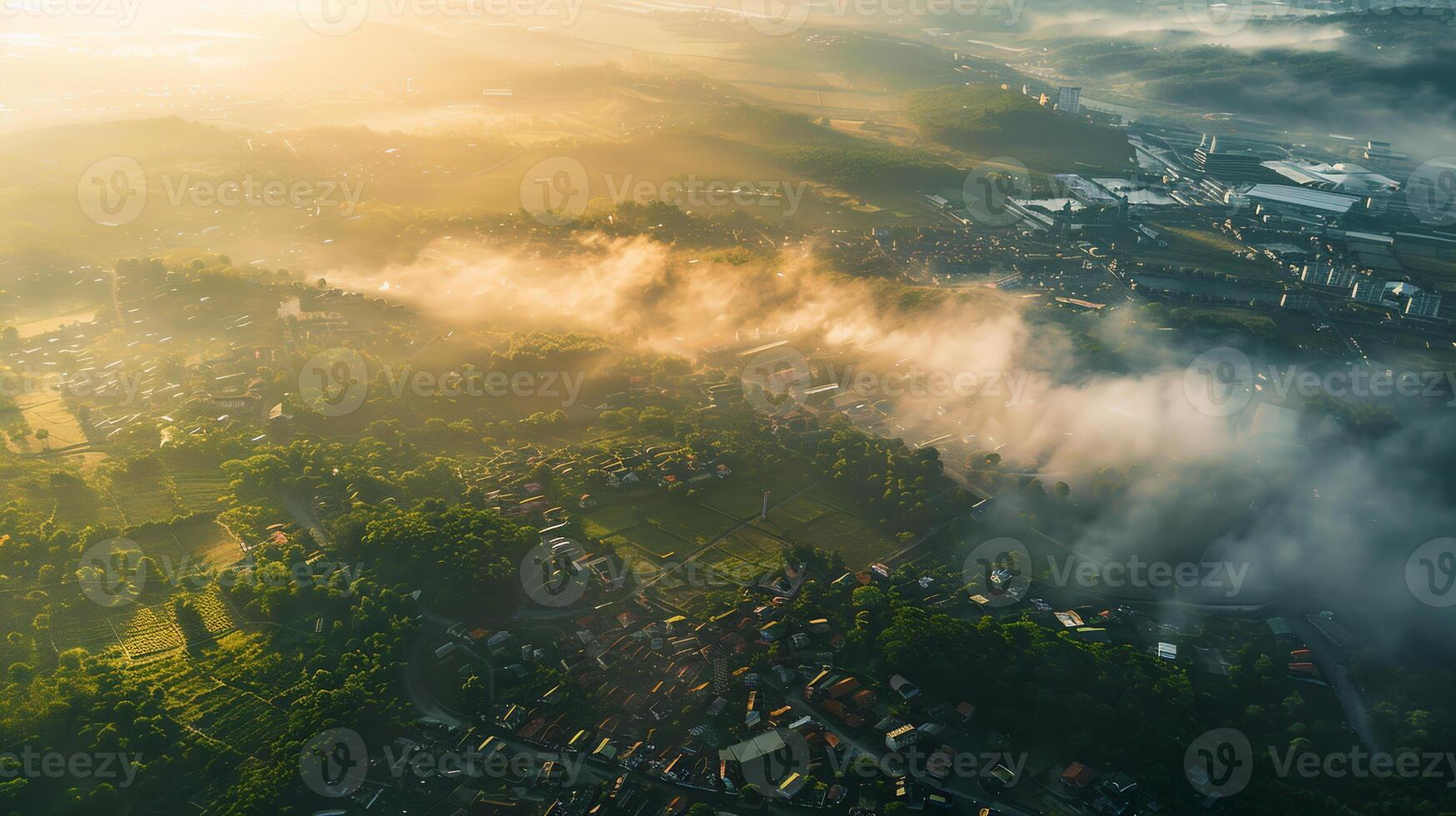 une yeux d'oiseau vue de une ville avec air la pollution disperser dans alentours rural domaines, démontrant le longue portée transport de polluants au-delà Urbain centres. air la pollution mal écologie photo