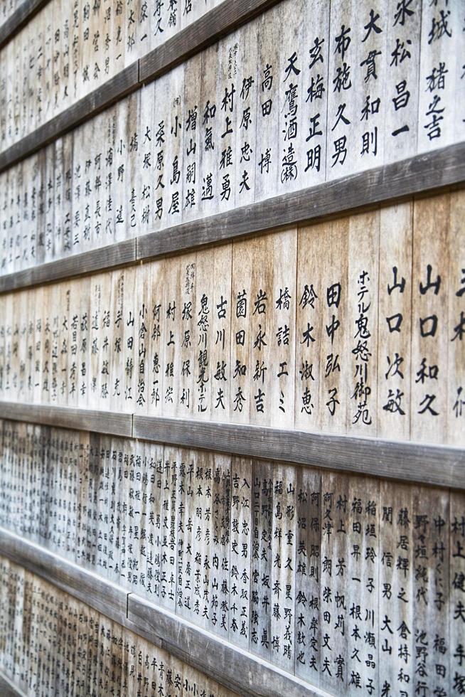 nikko, japon, 2016 - planches de bois avec écriture japonaise à l'extérieur du temple de nikko, japon. les sanctuaires et les temples de nikko sont classés au patrimoine mondial de l'unesco photo