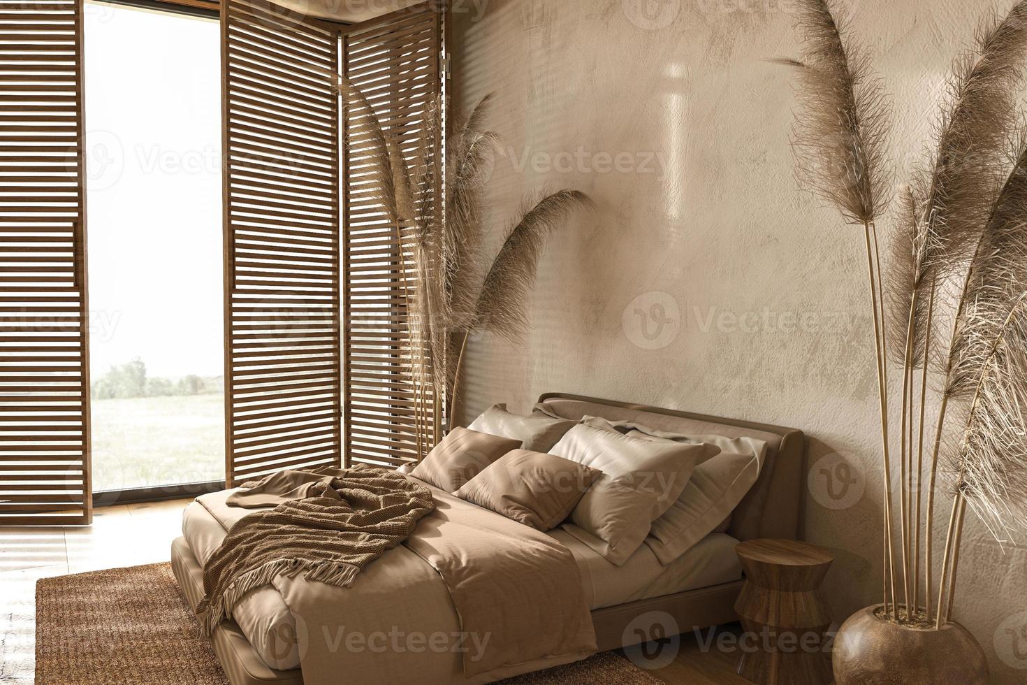 style scandinave boho à l'intérieur de la ferme. chambre beige avec mobilier en bois naturel, volets et plantes sèches. rendu 3D. illustration 3D. photo