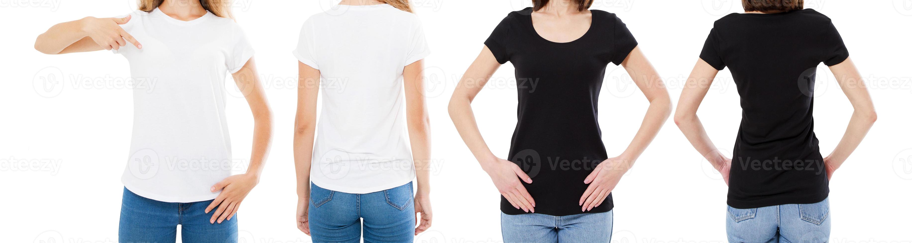 femme en t-shirt blanc et noir isolé vues avant et arrière image recadrée options de t-shirt vierge, fille en ensemble de t-shirt. maquette. conception de chemise et concept de personnes. photo