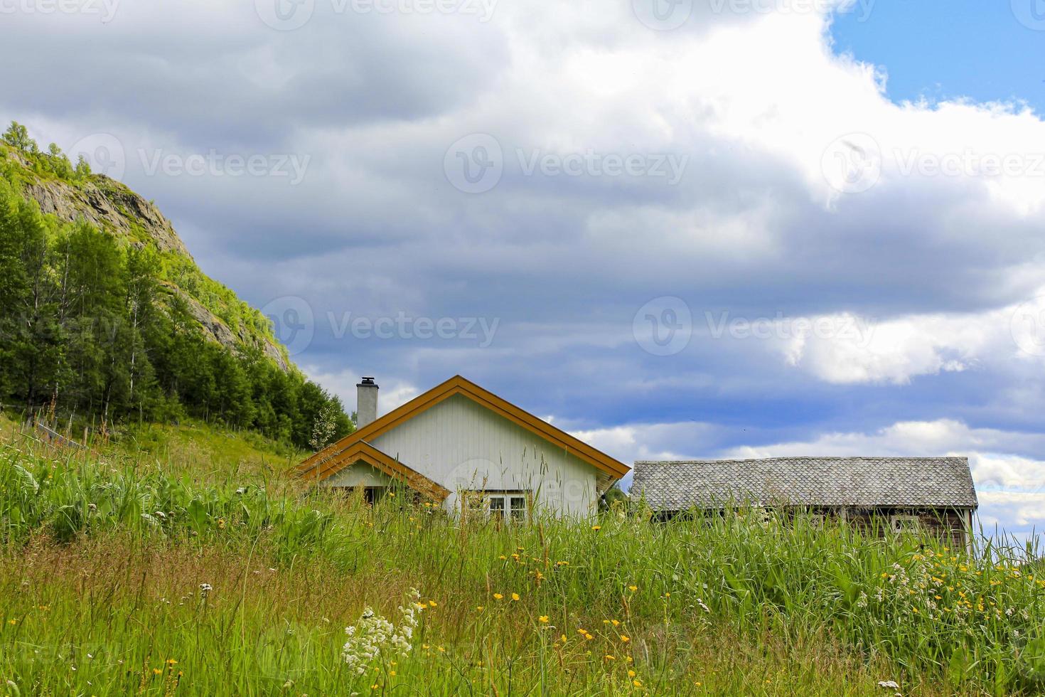 cottage blanc sur une montagne dans un pré, hemsedal, norvège. photo