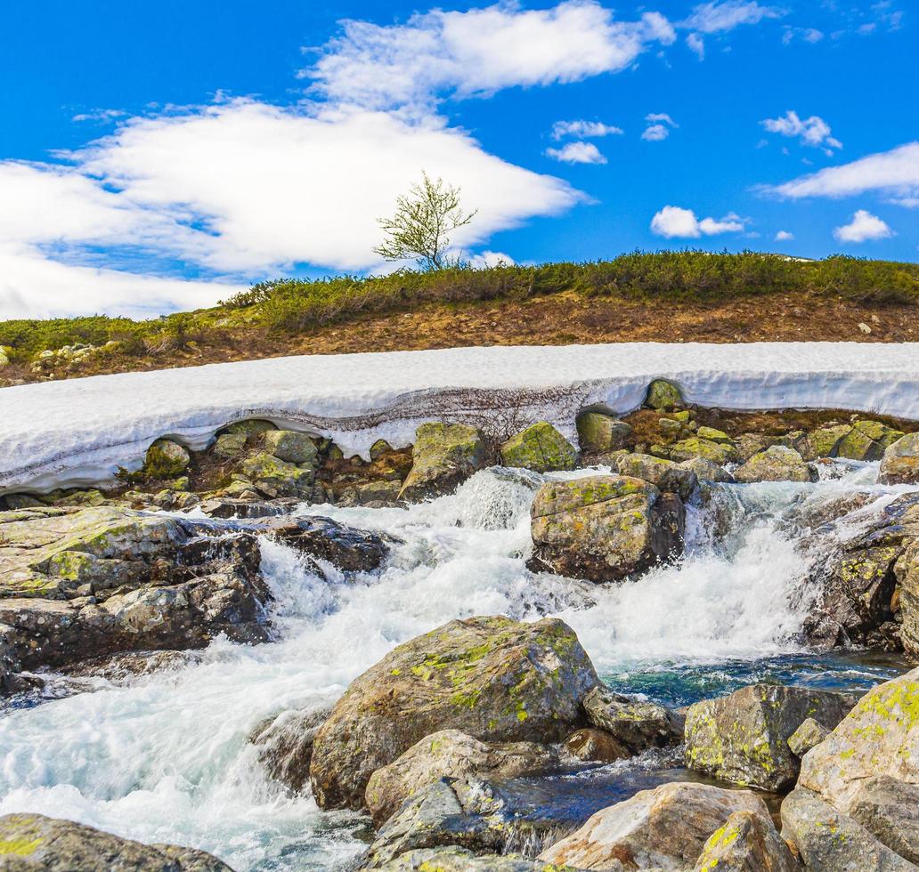 belle rivière vavatn storebottane lac avec neige hemsedal norvège. photo