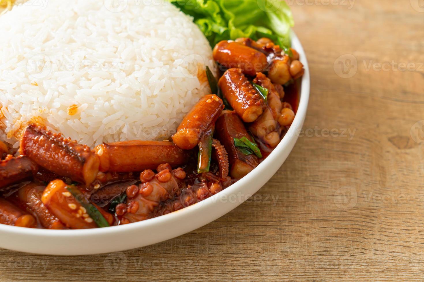 calamars ou poulpes sautés avec bol de riz sauce coréenne épicée photo