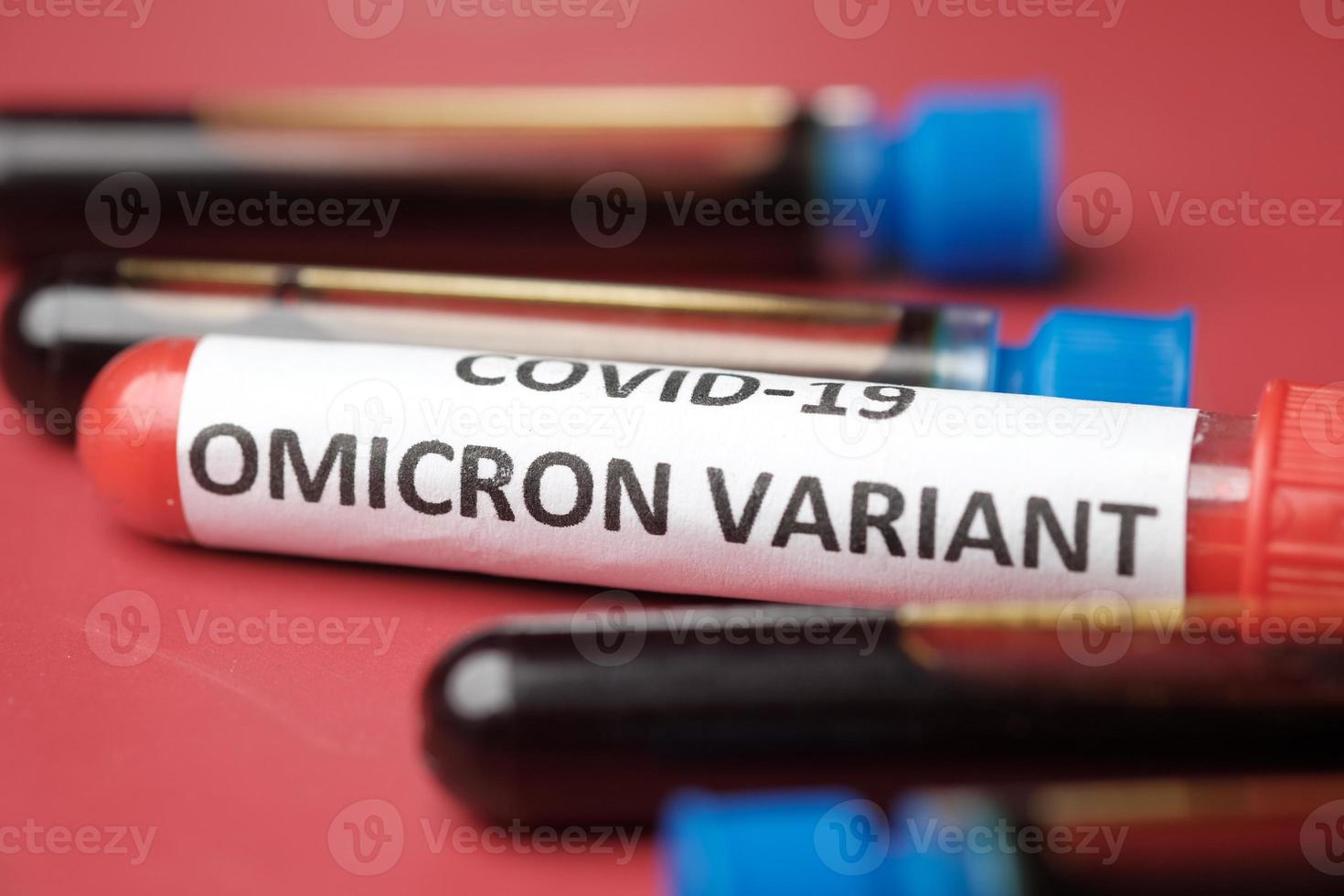 tube à essai sanguin du virus corona variante omicron sur fond rouge photo