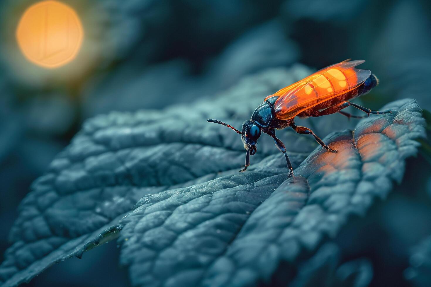 luciole repos sur feuille embrasé dans crépuscule lumière la nature Contexte photo