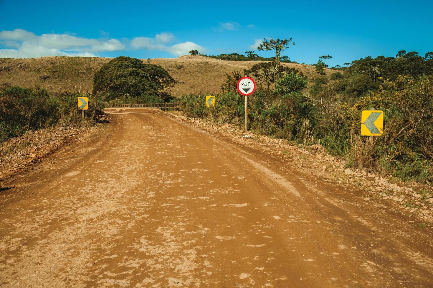 chemin de terre déserte traversant des plaines rurales appelées pampas avec des collines et des panneaux de signalisation près de cambara do sul. une petite ville de campagne dans le sud du brésil avec des attractions touristiques naturelles étonnantes. photo