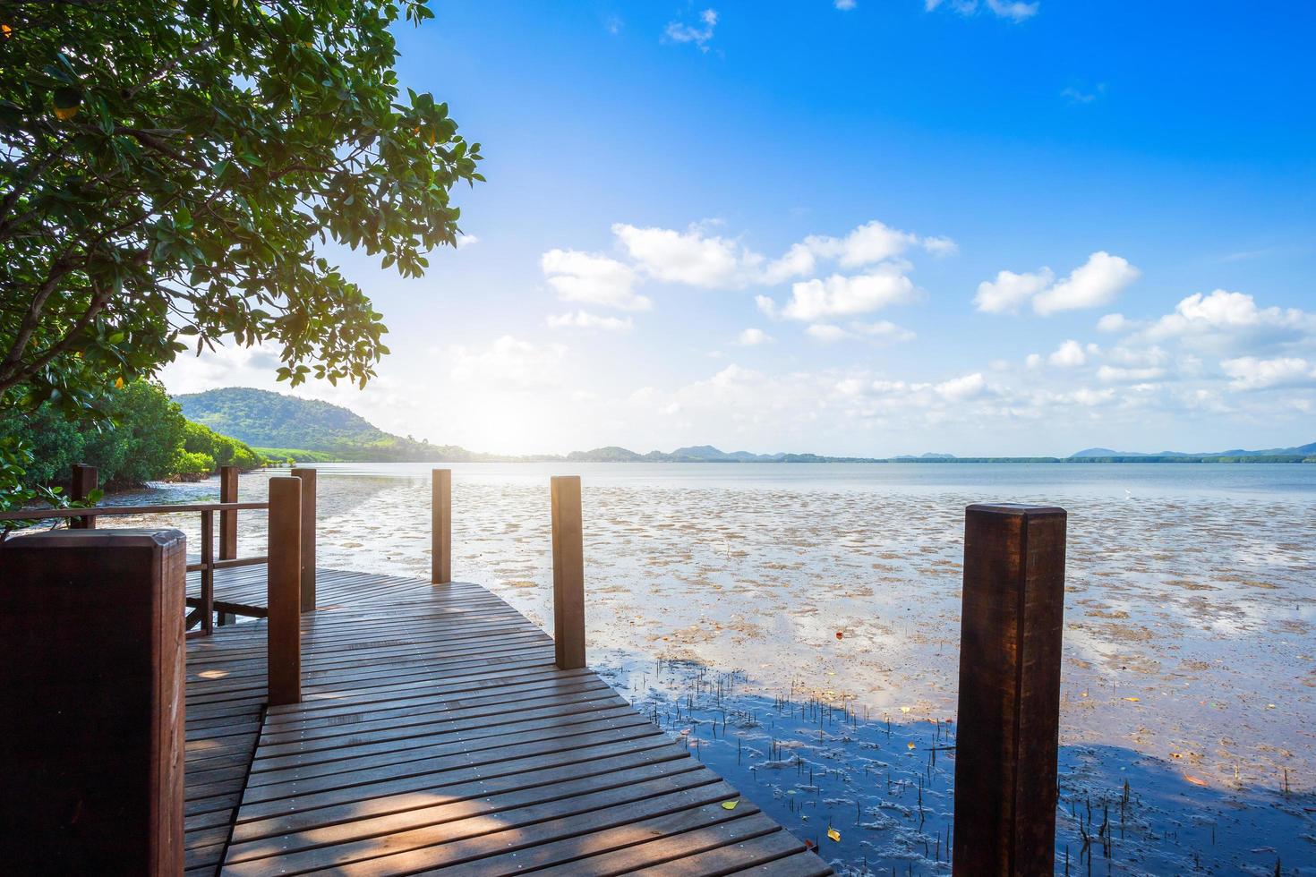 pont chemin de marche en bois dans la mangrove de la forêt et la mer l'horizon à chanthaburi en thaïlande. photo