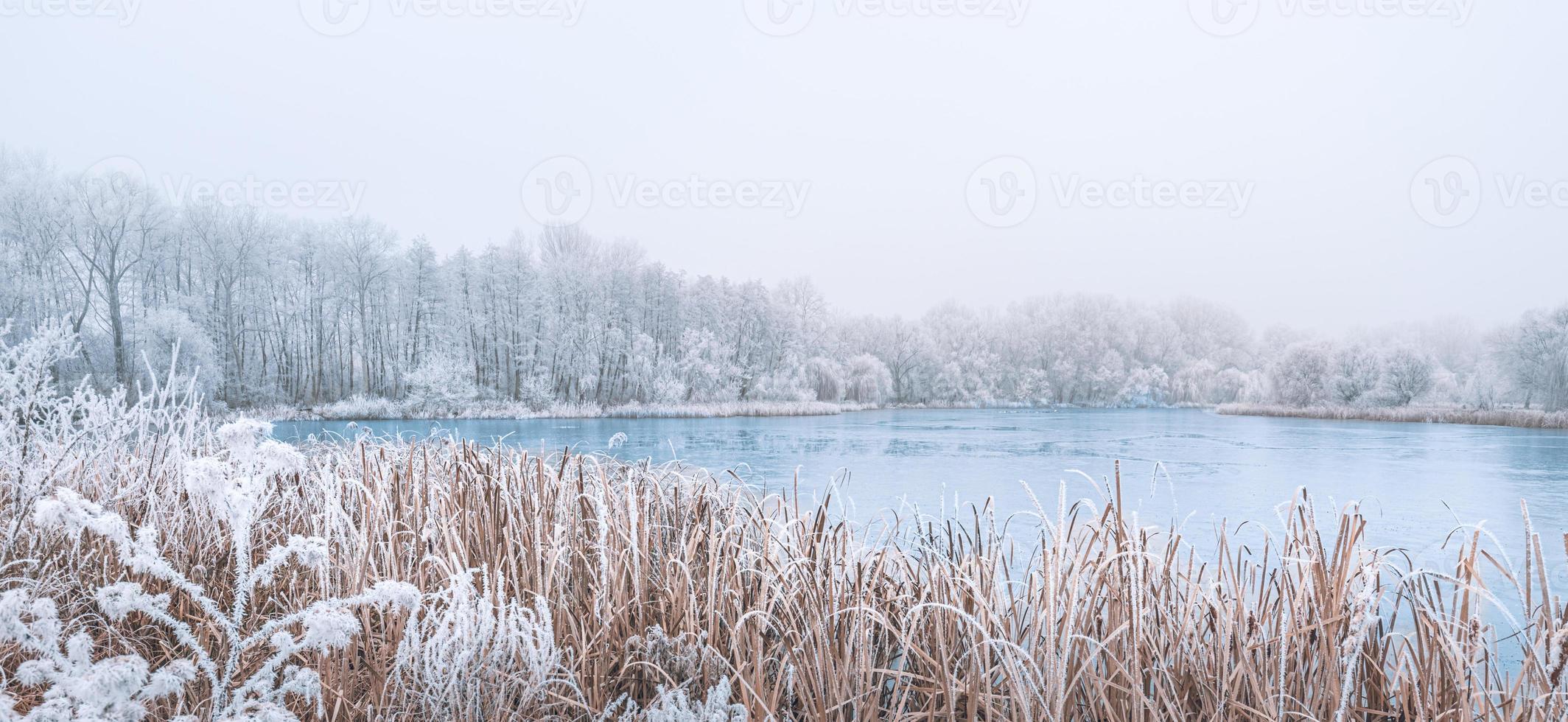 rivière de forêt d'hiver et paysage de lac dans la nature de la neige. lever du soleil dans les montagnes d'hiver. montagne reflétée dans le lac de glace au soleil du matin. incroyable paysage naturel panoramique dans la vallée de la montagne. photo